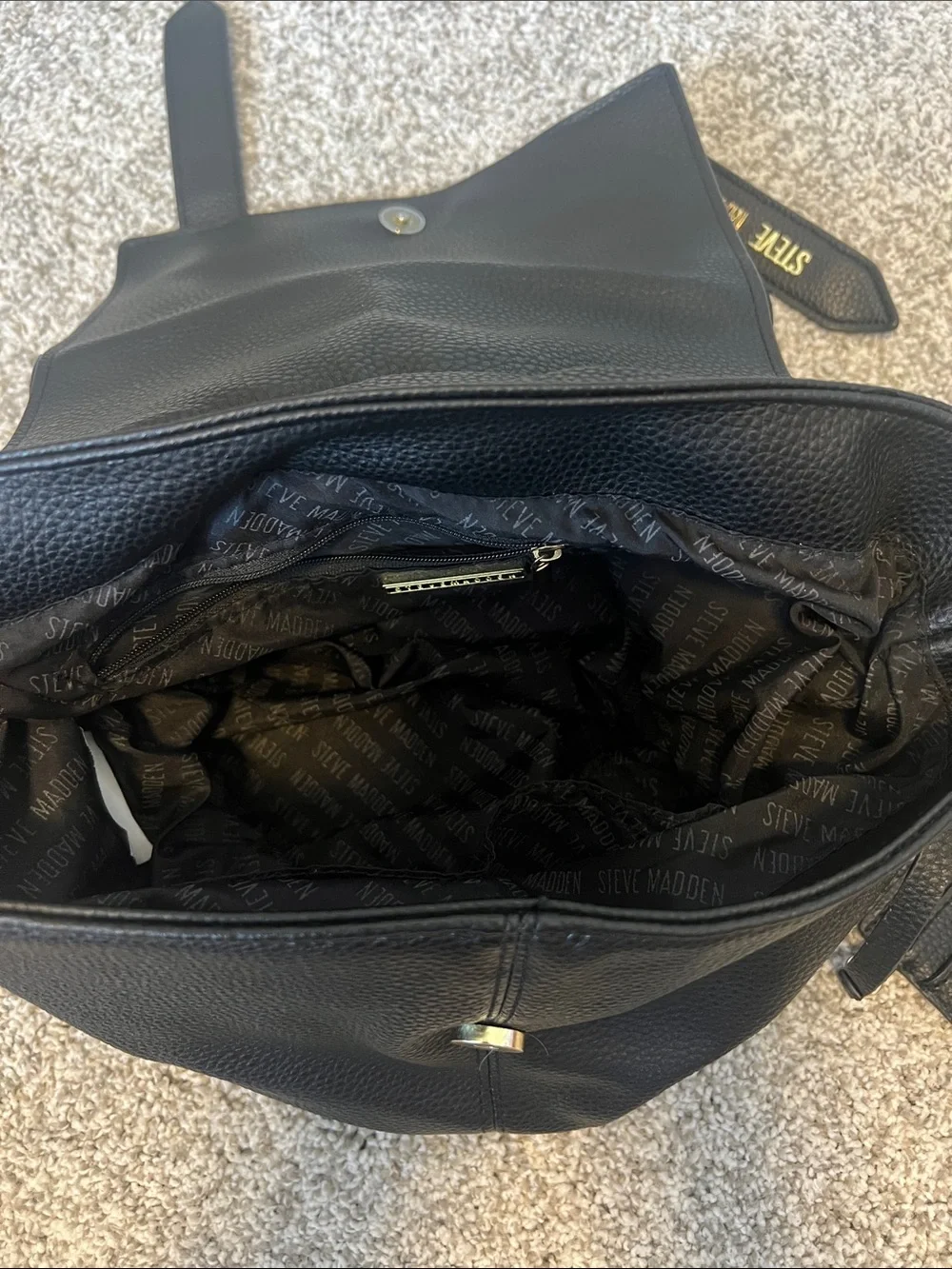 Steve Madden Black Pebbled Leather Backpack with Gold Accents